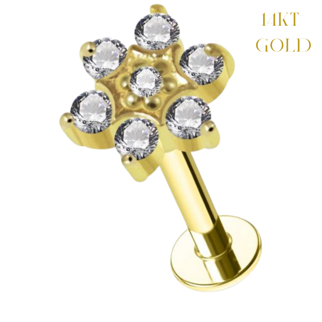 14K Solid Gold Round CZ Flower Jeweled With Flat Back Labret