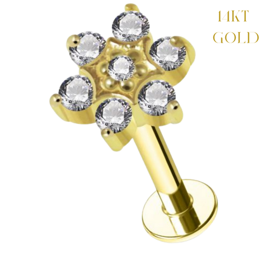 14K Solid Gold Round CZ Flower Jeweled With Flat Back Labret