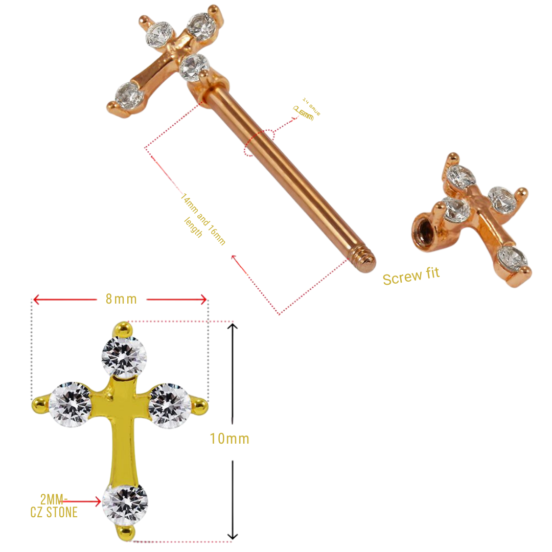 Surgical Steel Cross with Prong set CZ stones Nipple Piercing Bar