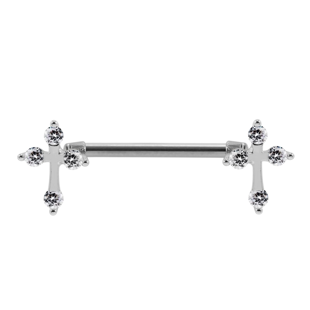 Surgical Steel Cross with Prong set CZ stones Nipple Piercing Bar